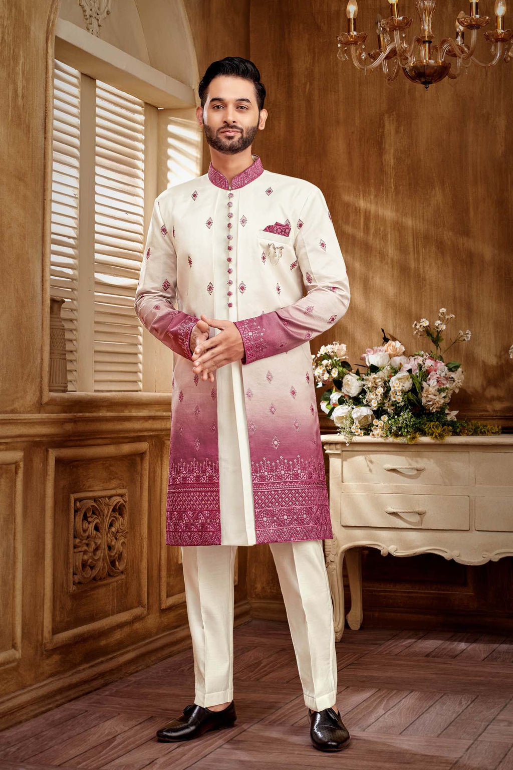 Classic Pink And White Indo- Western Set For Men