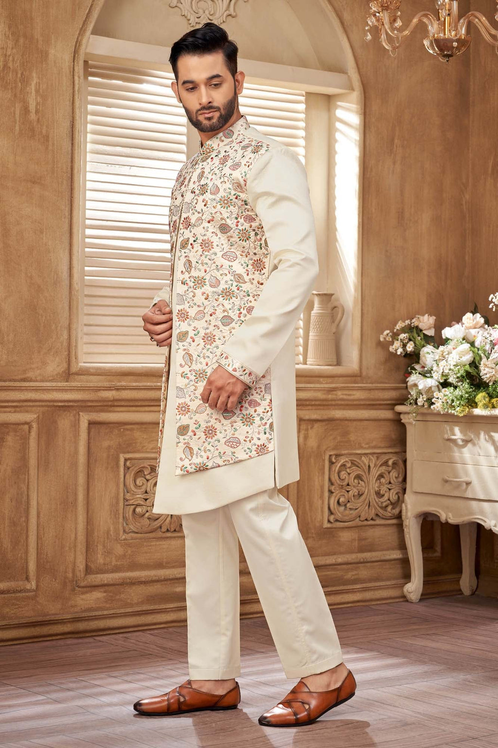 Cream Colour Floral Embriodery Indo- Western Set