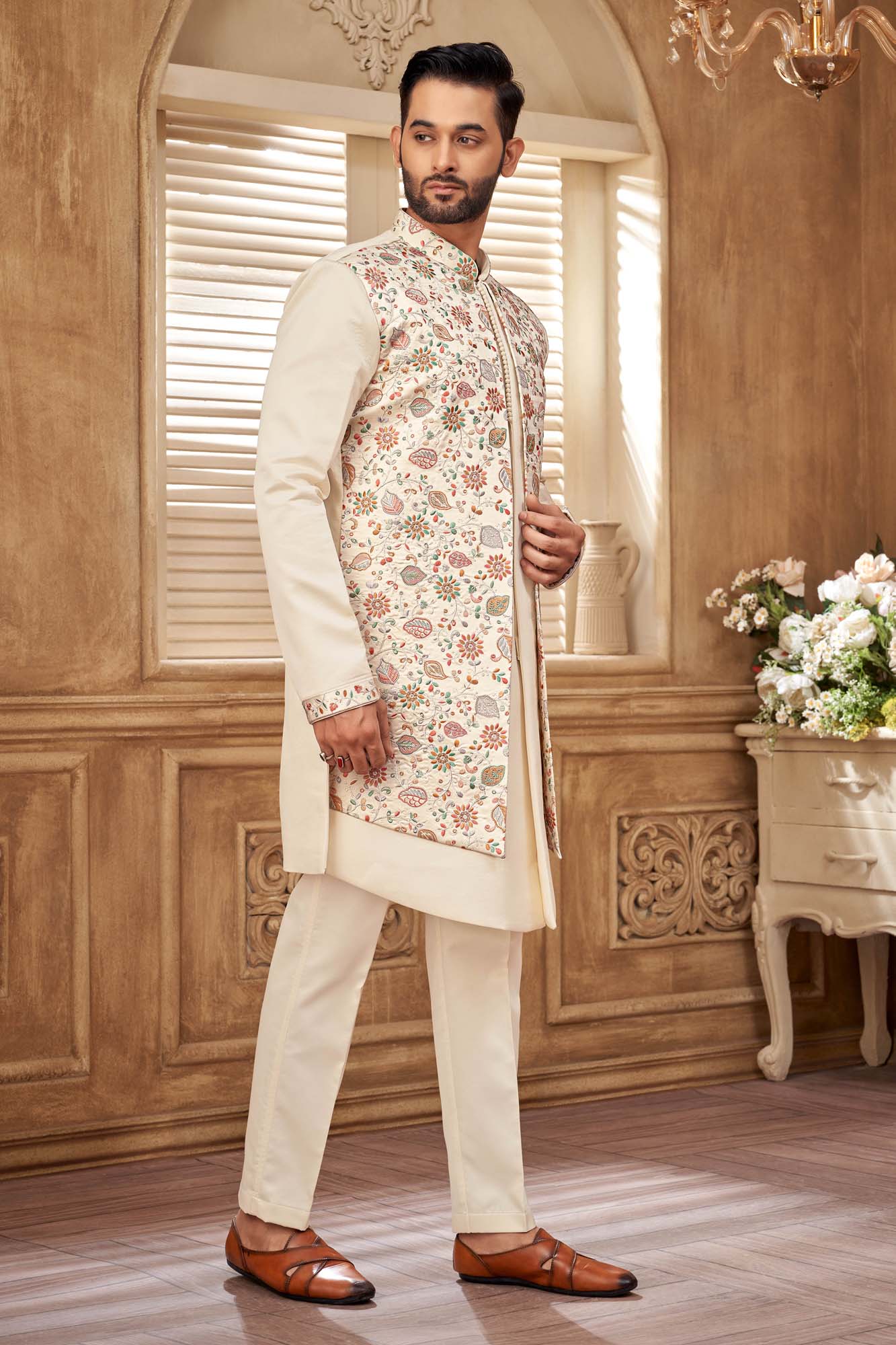 Cream Colour Floral Embriodery Indo- Western Set