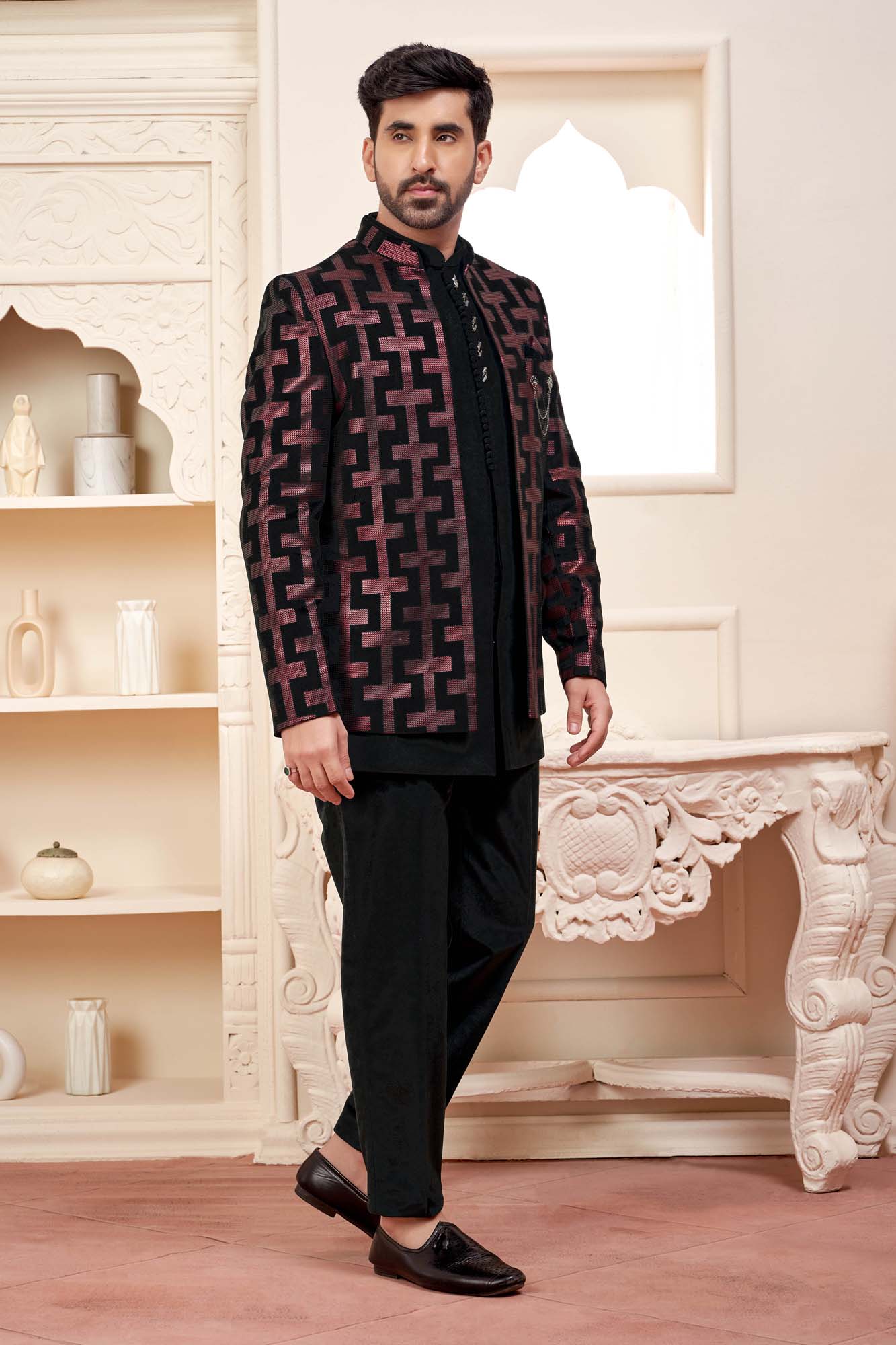 Bold Elegance: Black And Red Ethnic Men'S Jacket Set