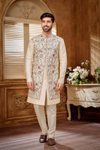 Elegant Cream Floral Embroidered Kurta Set | Indo-Western Men'S Ethnic Wear