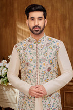 Elegant Cream Floral Embroidered Kurta Set | Indo-Western Men'S Ethnic Wear
