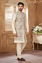 Elegant Cream Floral Embroidered Kurta Set | Indo-Western Men'S Ethnic Wear