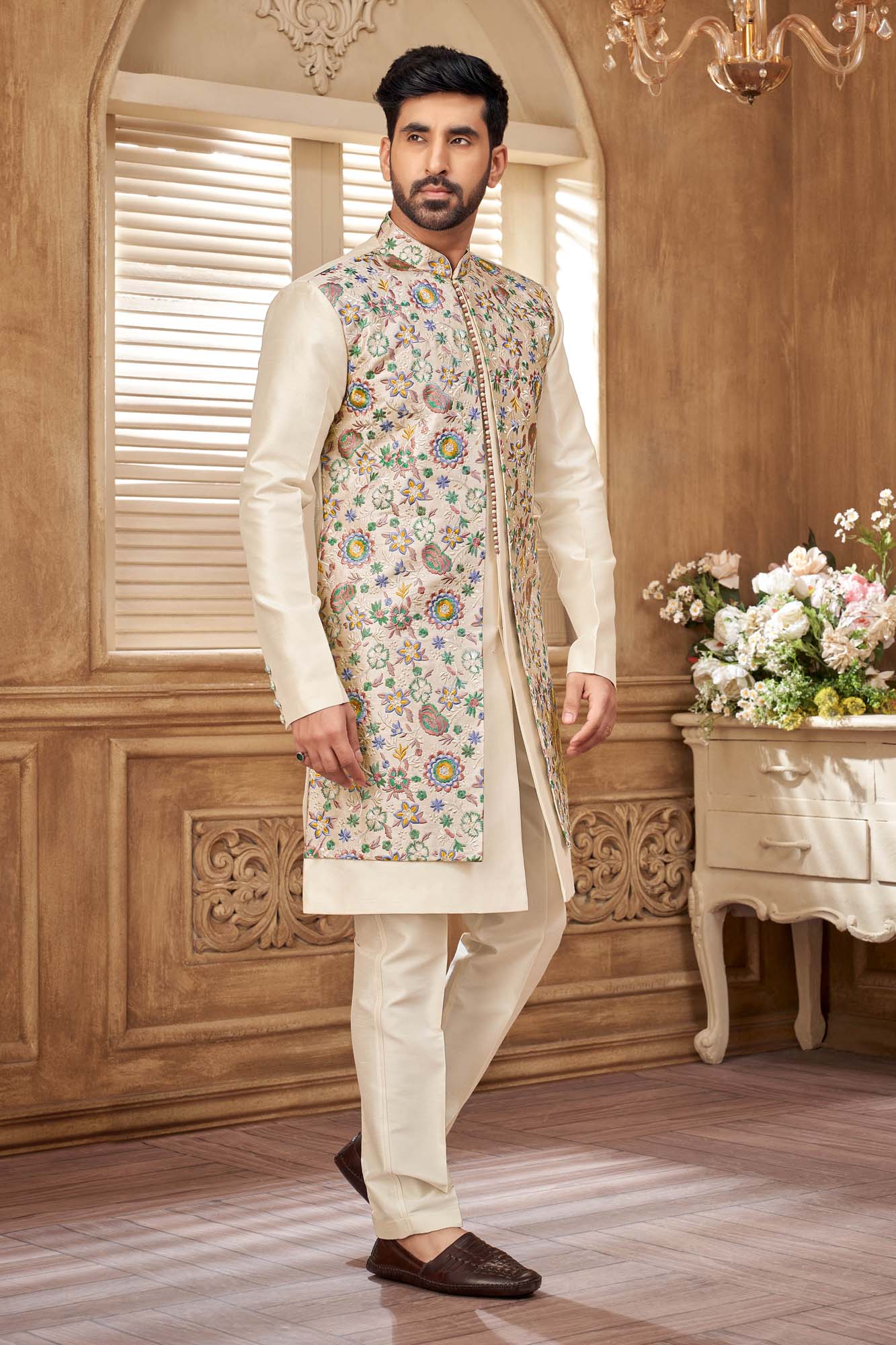 Elegant Cream Floral Embroidered Kurta Set | Indo-Western Men'S Ethnic Wear