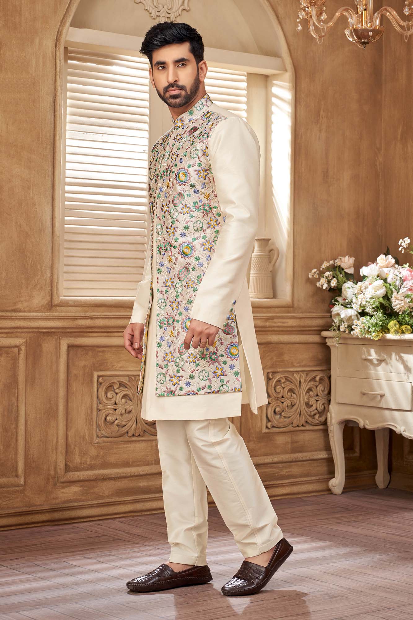 Elegant Cream Floral Embroidered Kurta Set | Indo-Western Men'S Ethnic Wear