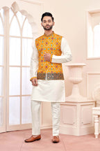 Sunlit Elegance: White Kurta Set With Yellow Embroidered Jacket
