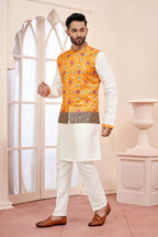 Sunlit Elegance: White Kurta Set With Yellow Embroidered Jacket