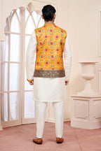 Sunlit Elegance: White Kurta Set With Yellow Embroidered Jacket