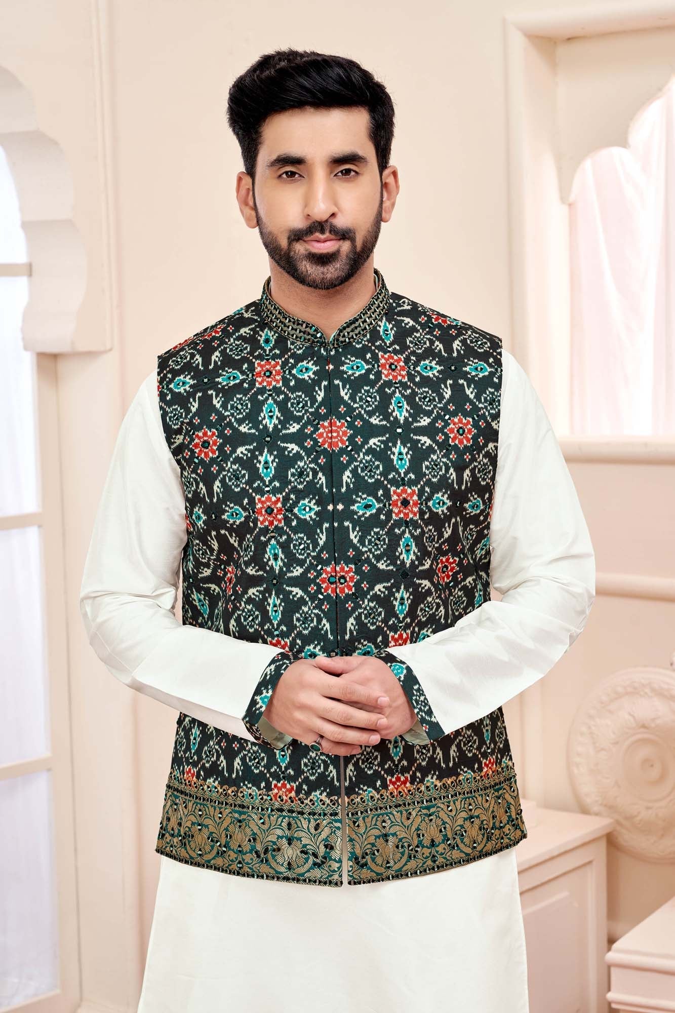 Majestic Black: Embroidered Ethnic Men'S Kurta Jacket Set