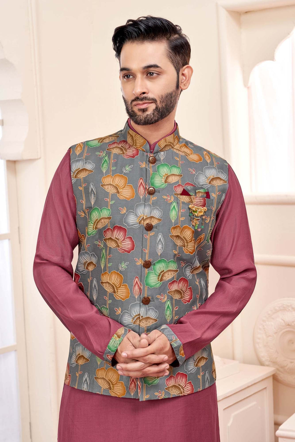 Dark Pink Ethnic Men's Kurta Jacket Set