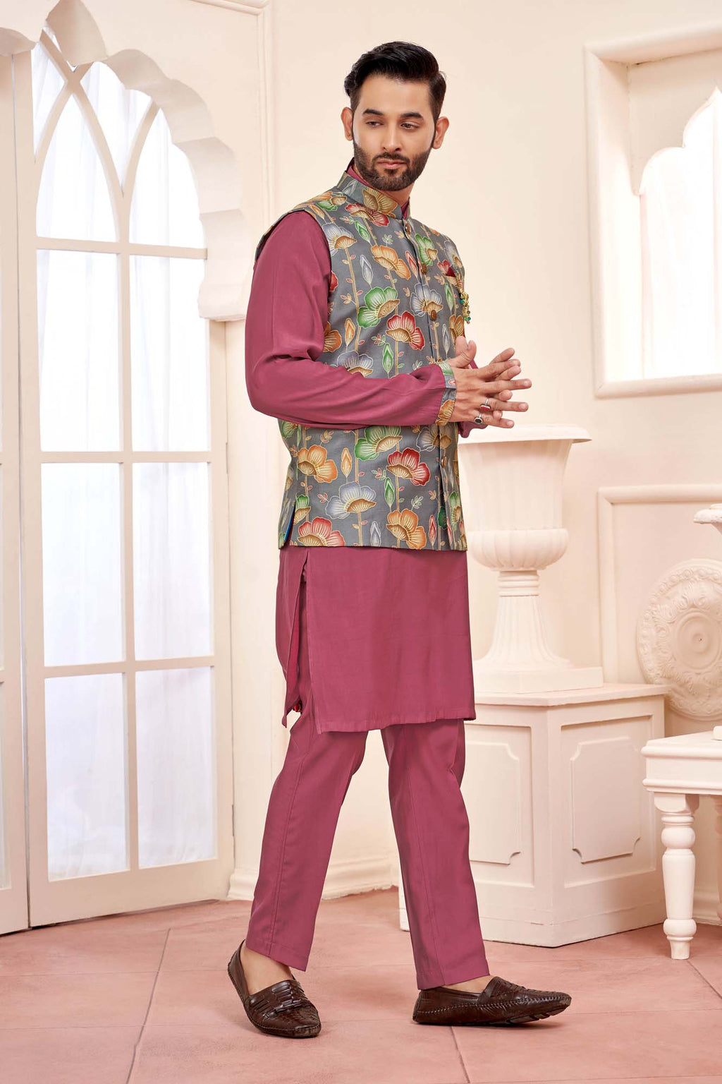 Dark Pink Ethnic Men's Kurta Jacket Set