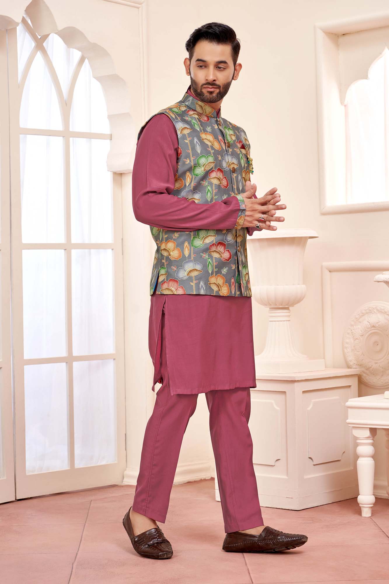Dark Pink Ethnic Men's Kurta Jacket Set