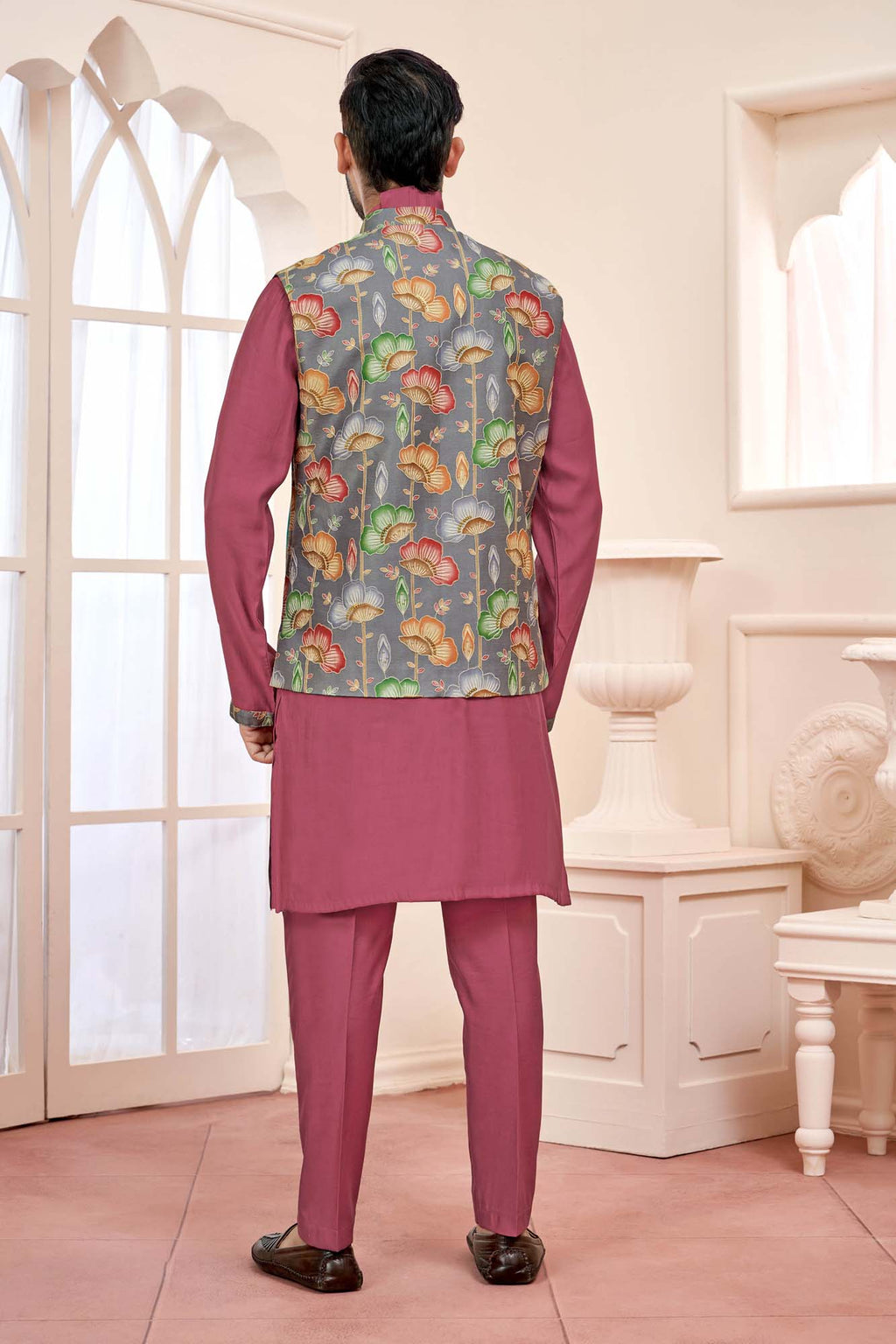 Dark Pink Ethnic Men's Kurta Jacket Set