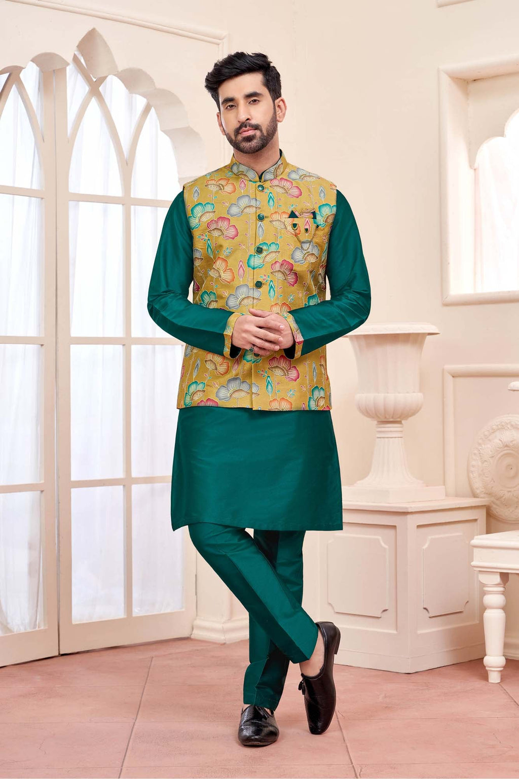 Green Kurta With Mustard Yellow Floral Jacket