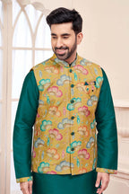 Green Kurta With Mustard Yellow Floral Jacket
