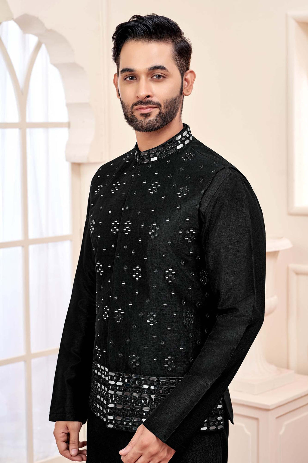 Black Kurta Set With Shimmery Silver Jacket