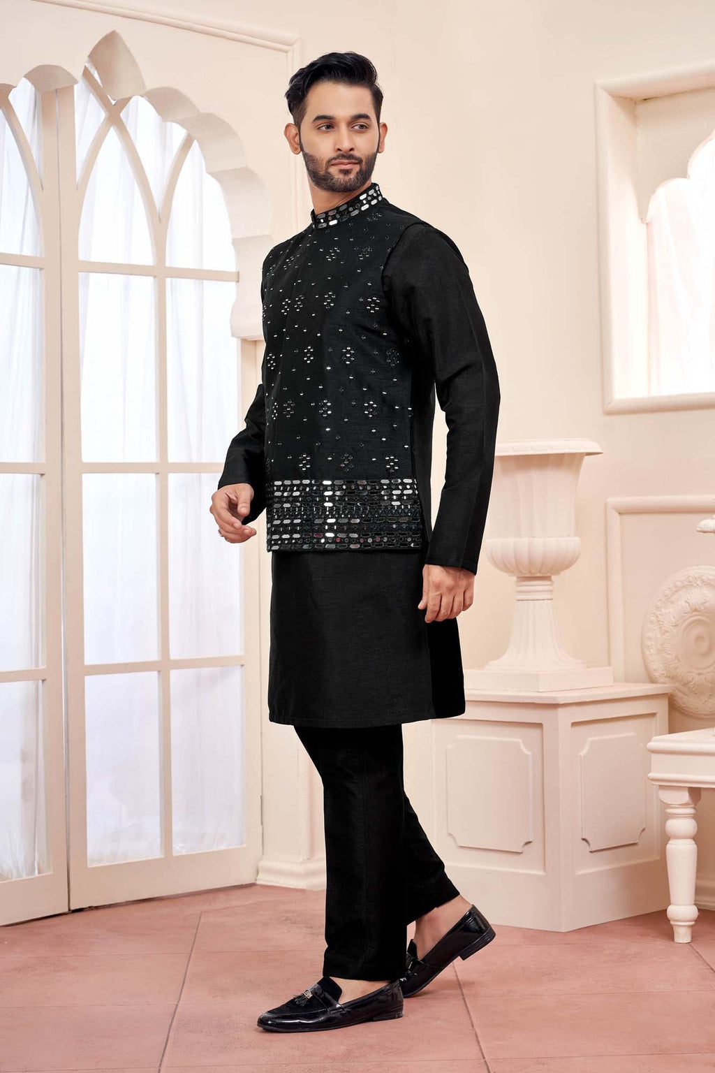 Black Kurta Set With Shimmery Silver Jacket