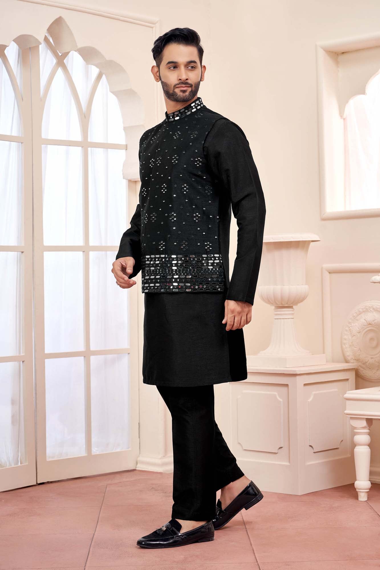 Black Kurta Set With Shimmery Silver Jacket