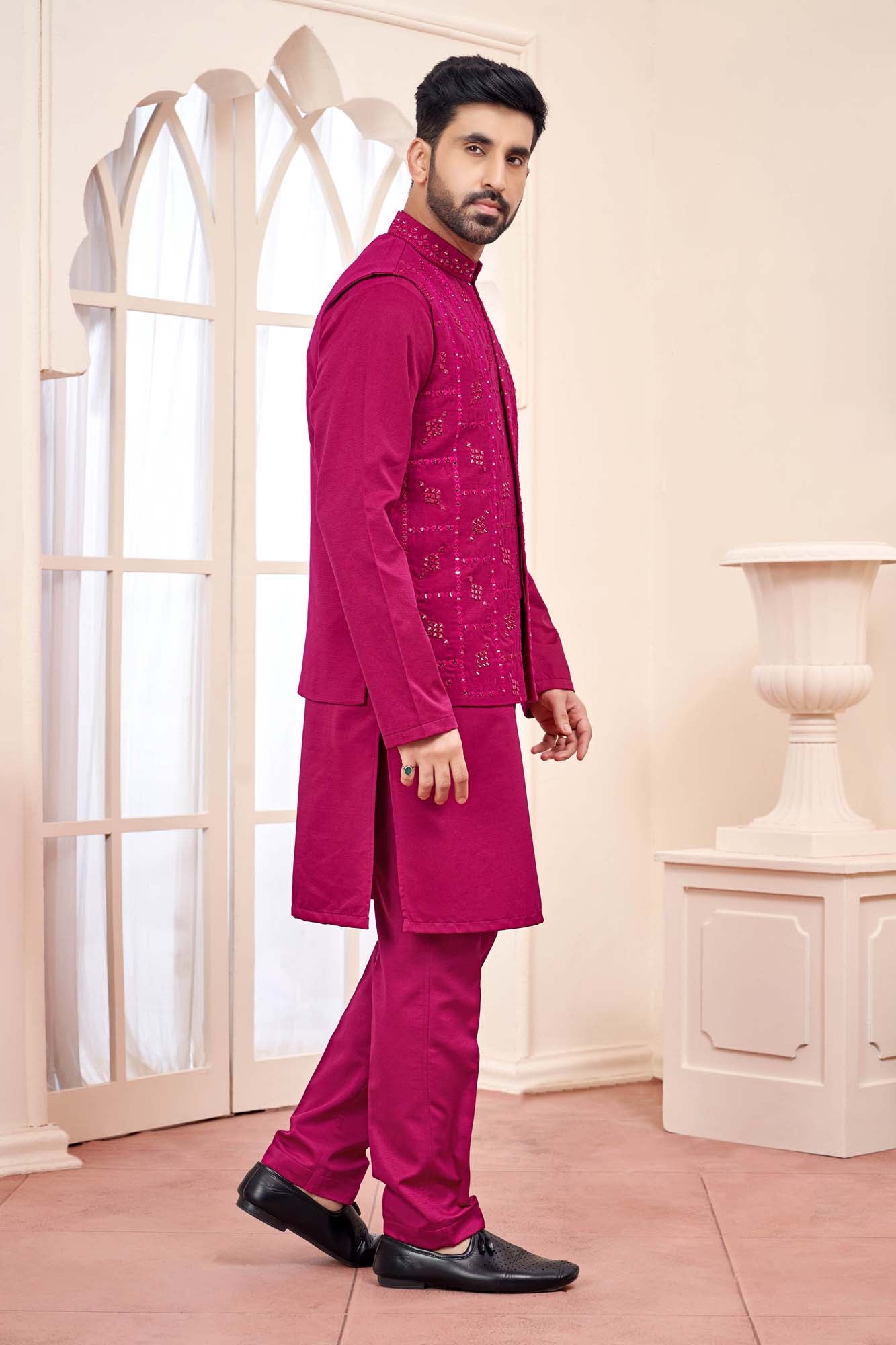 Hot Pink Ethnic Kurta Set With Shimmery Jacket