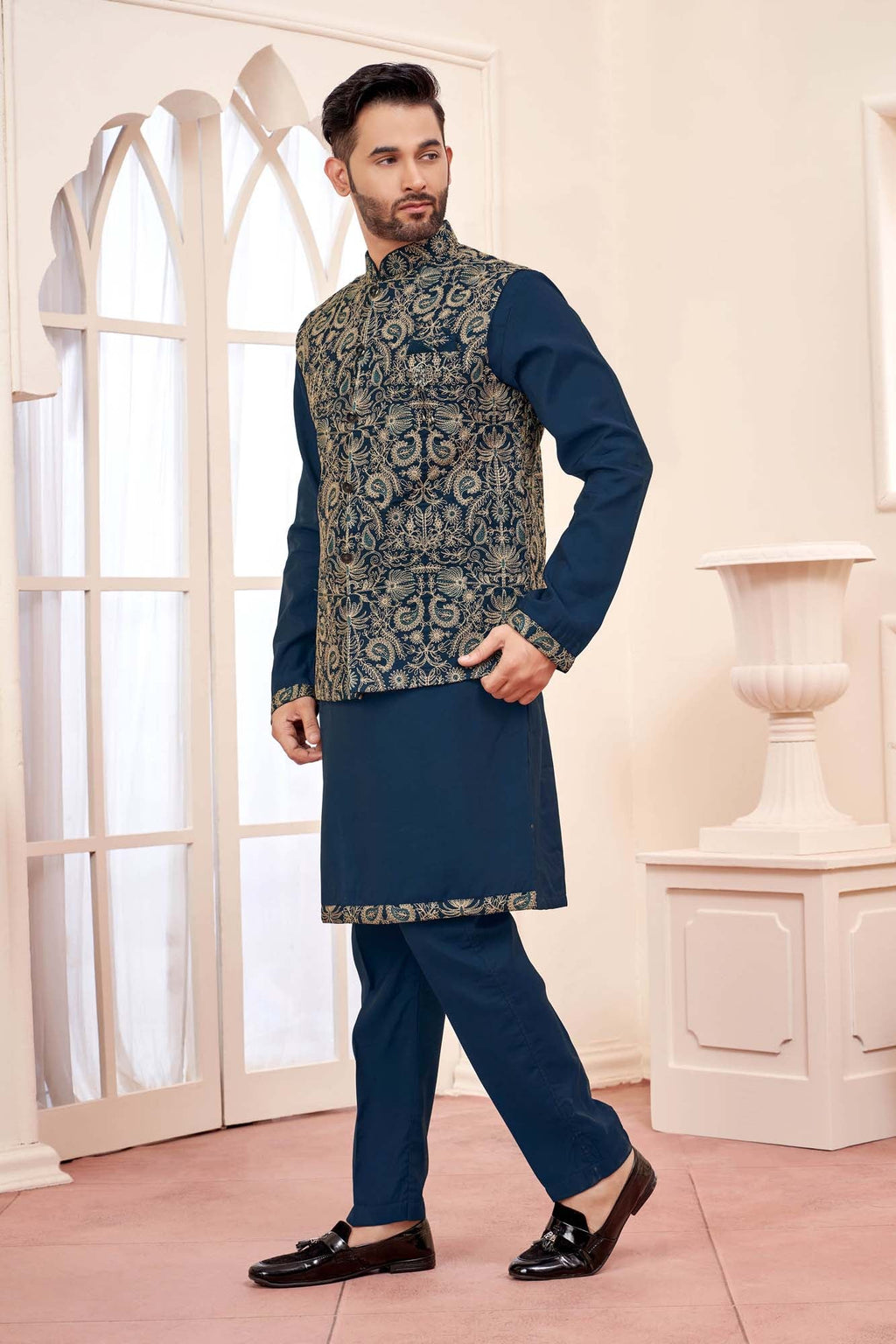 Royal Navy: Ethnic Kurta Set With Gold Embroidered Jacket