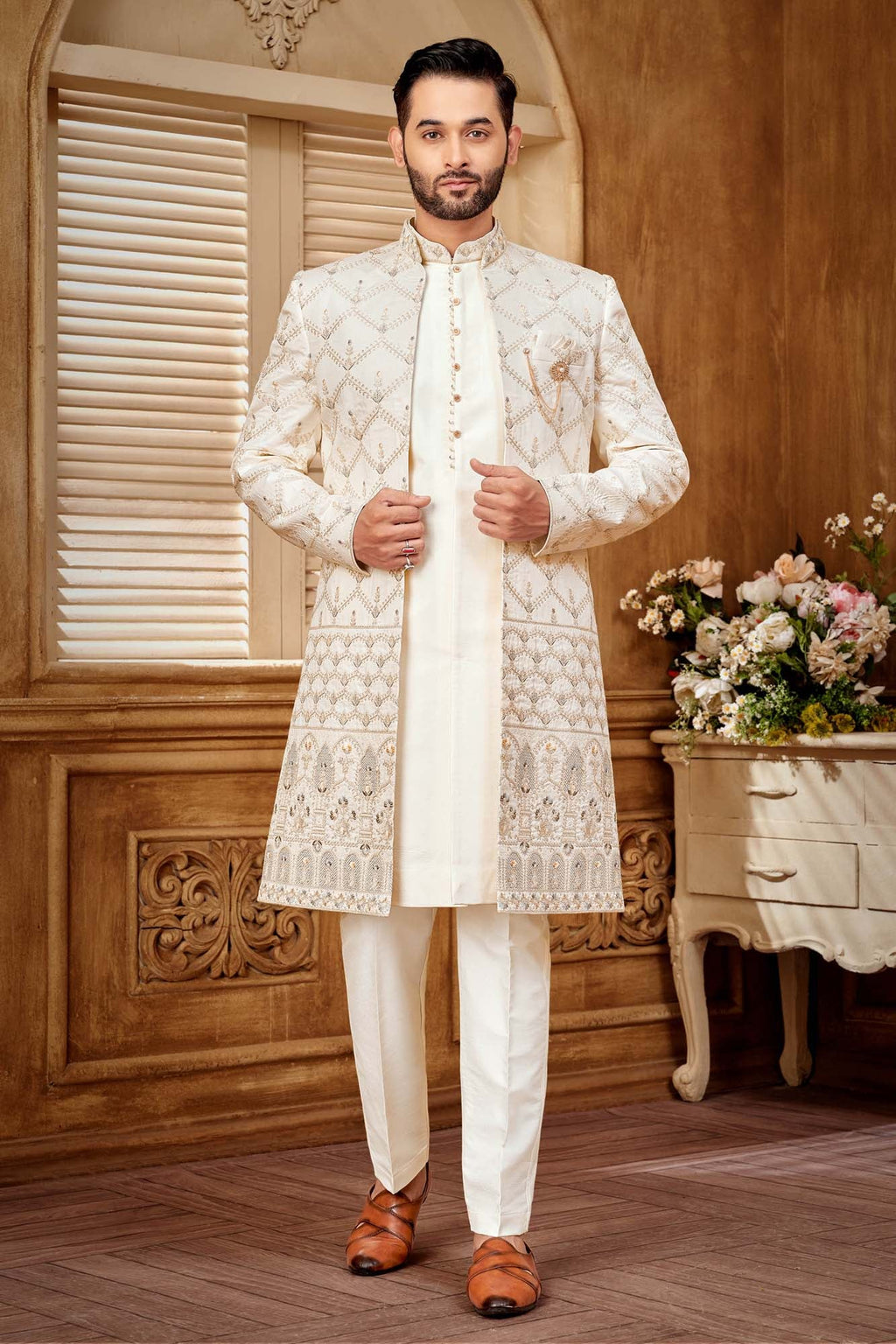 Elegant Gold Embroidered Indo Western Kurta Set for Festive & Wedding Wear