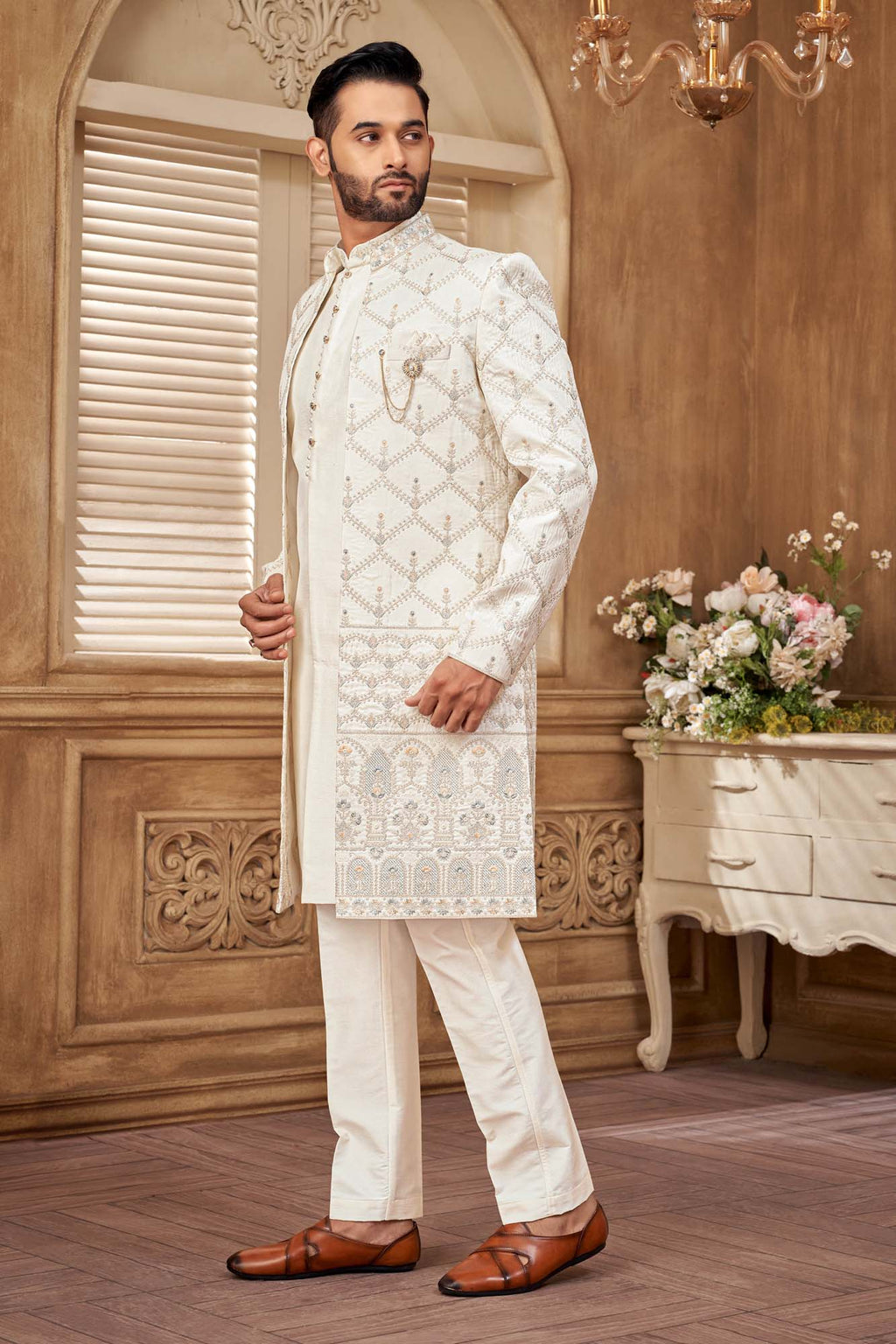 Elegant Gold Embroidered Indo Western Kurta Set for Festive & Wedding Wear