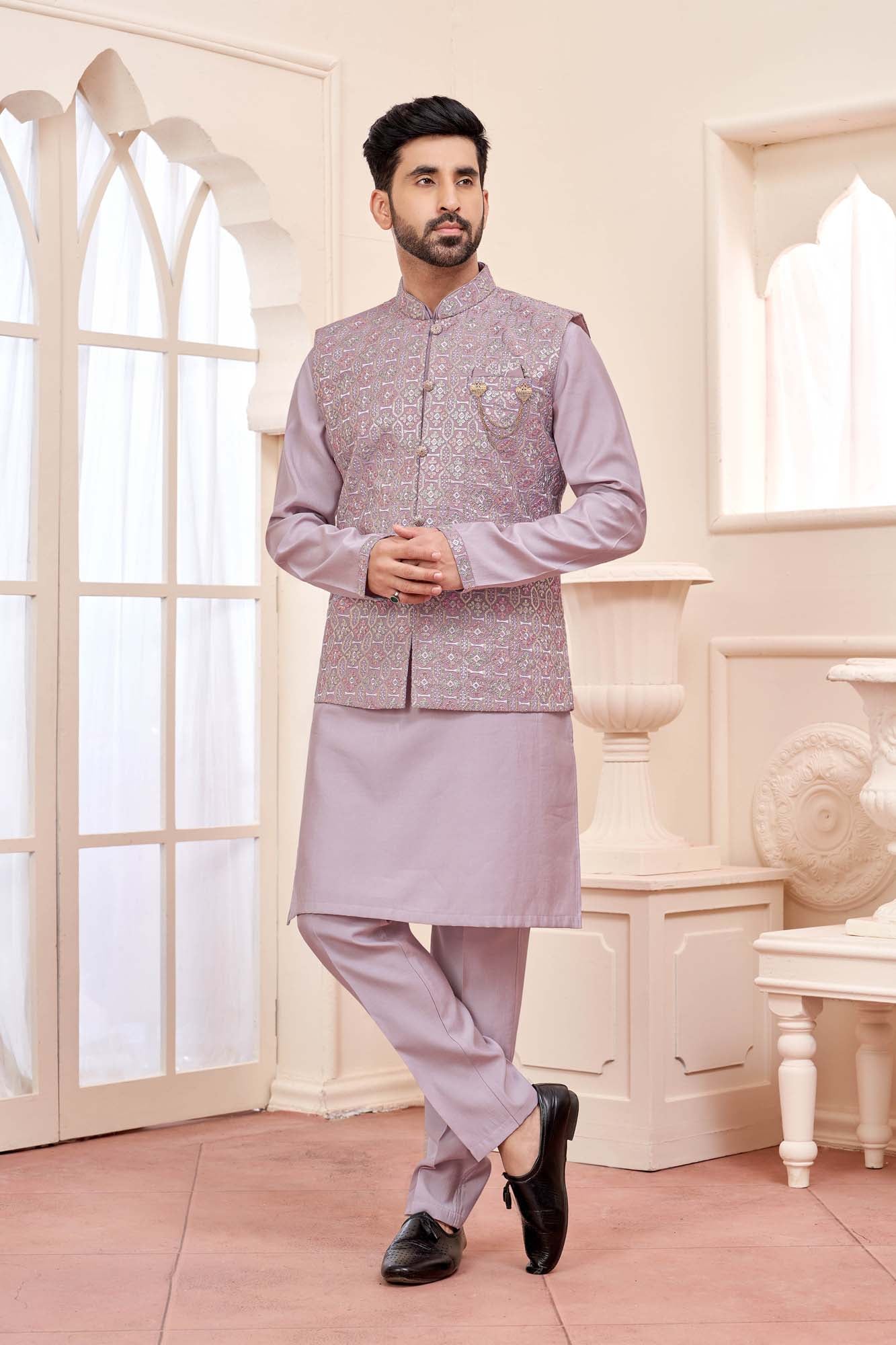 Lavender Luxe: Ready-Made Ethnic Kurta Set With Embroidered Nehru Jacket