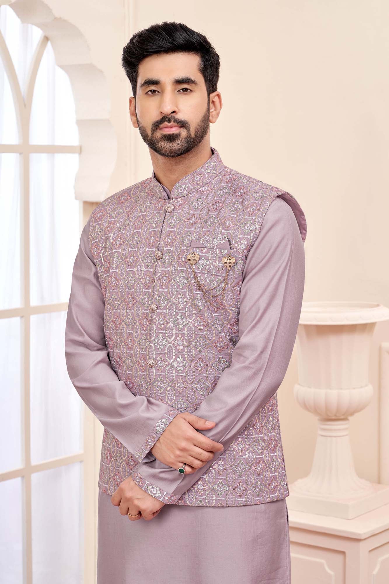Lavender Luxe: Ready-Made Ethnic Kurta Set With Embroidered Nehru Jacket