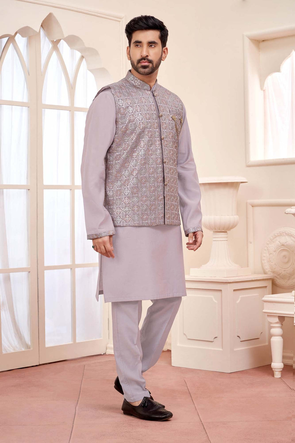 Lavender Luxe: Ready-Made Ethnic Kurta Set With Embroidered Nehru Jacket
