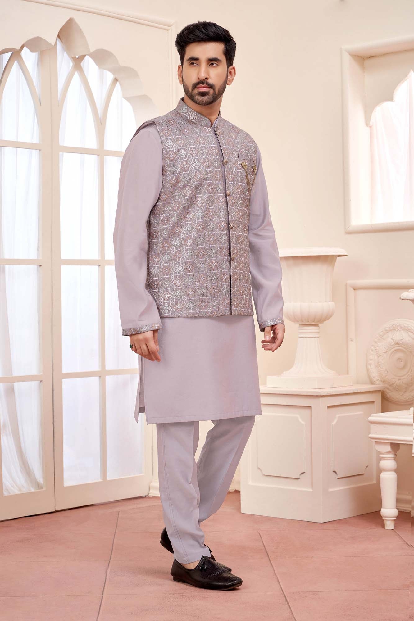 Lavender Luxe: Ready-Made Ethnic Kurta Set With Embroidered Nehru Jacket