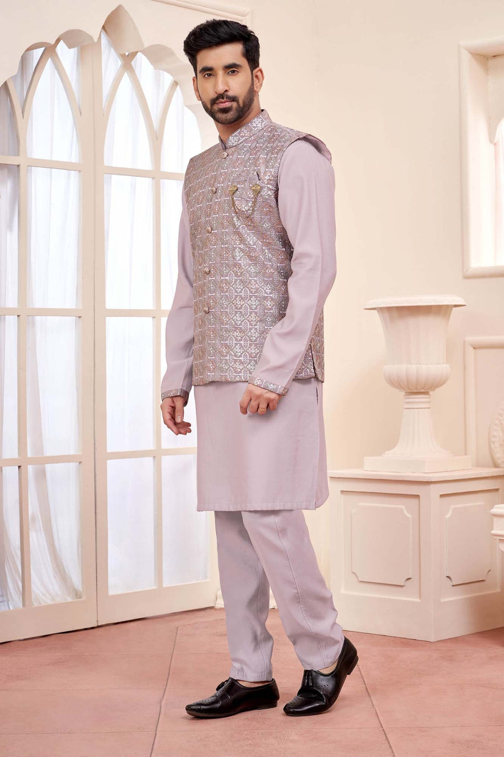 Lavender Luxe: Ready-Made Ethnic Kurta Set With Embroidered Nehru Jacket