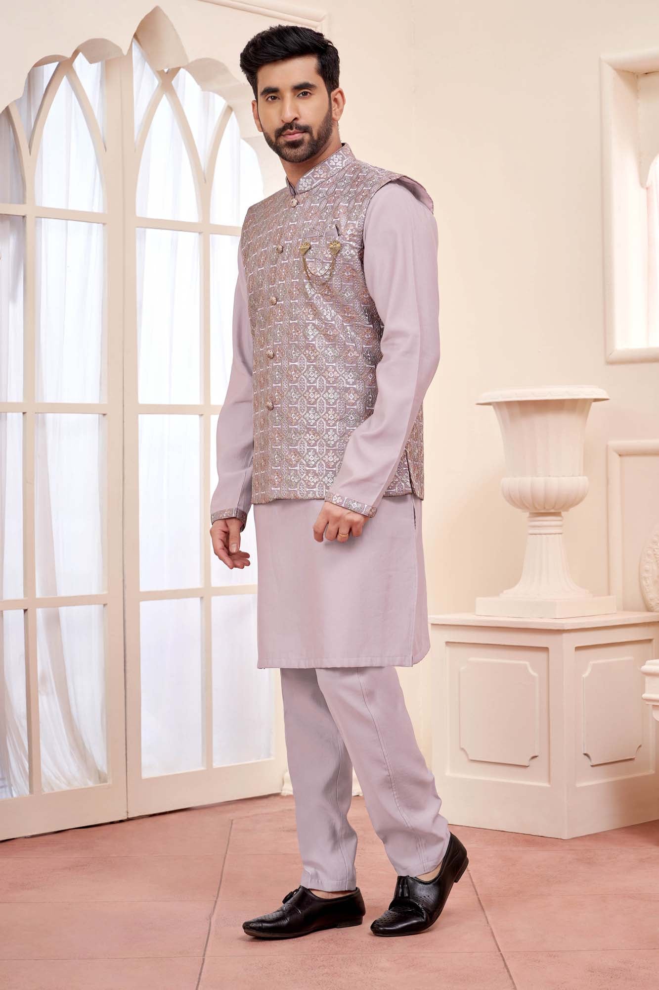 Lavender Luxe: Ready-Made Ethnic Kurta Set With Embroidered Nehru Jacket
