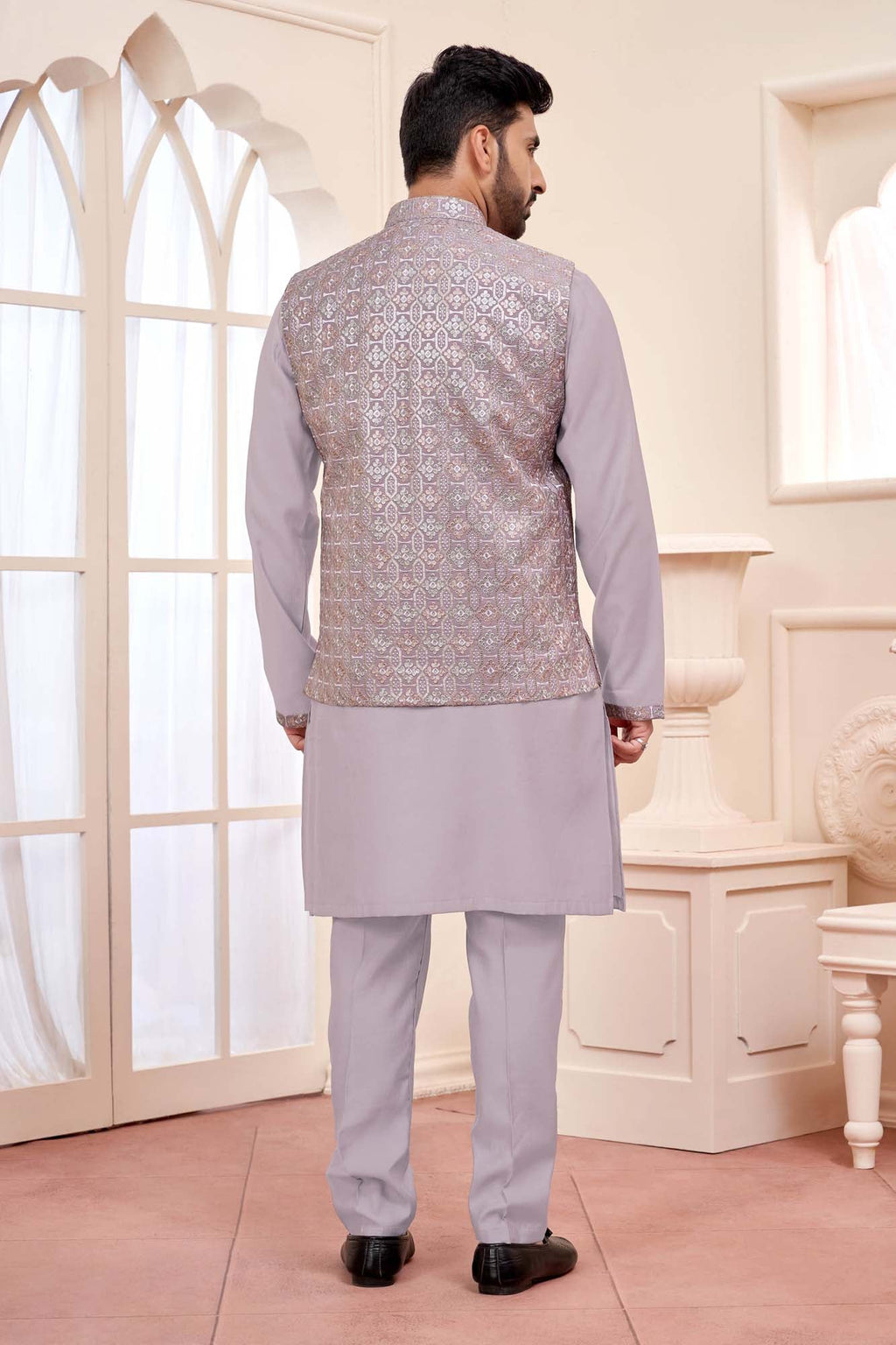 Lavender Luxe: Ready-Made Ethnic Kurta Set With Embroidered Nehru Jacket