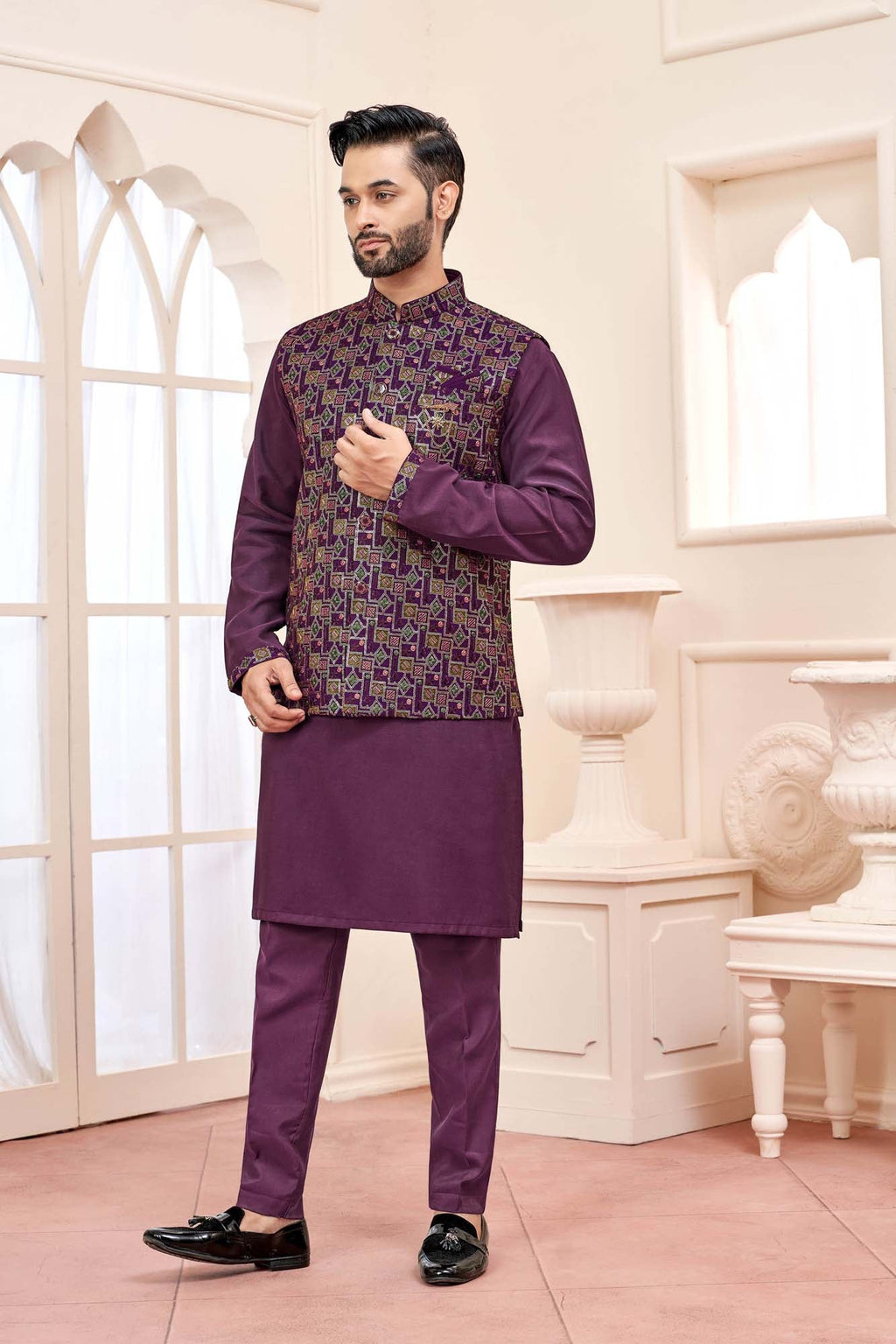 Wine Kurta Set With Koti Jacket For Men