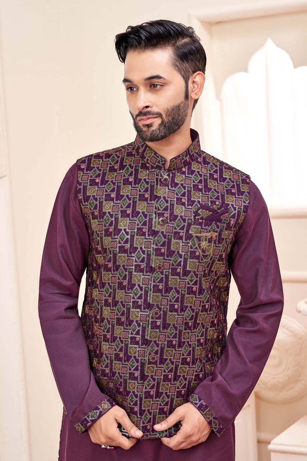 Wine Kurta Set With Koti Jacket For Men