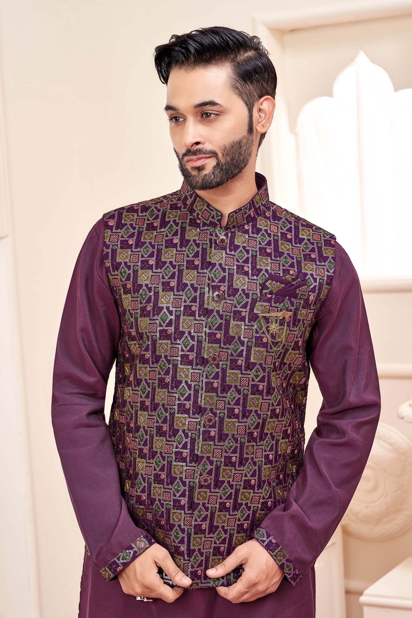 Wine Kurta Set With Koti Jacket For Men