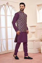 Wine Kurta Set With Koti Jacket For Men