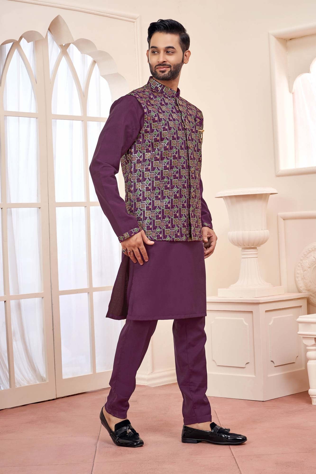 Wine Kurta Set With Koti Jacket For Men
