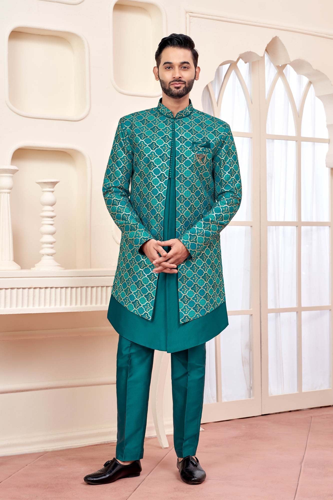 Emerald Green Indo-Western Outfit With Gold Embroidered Jacket