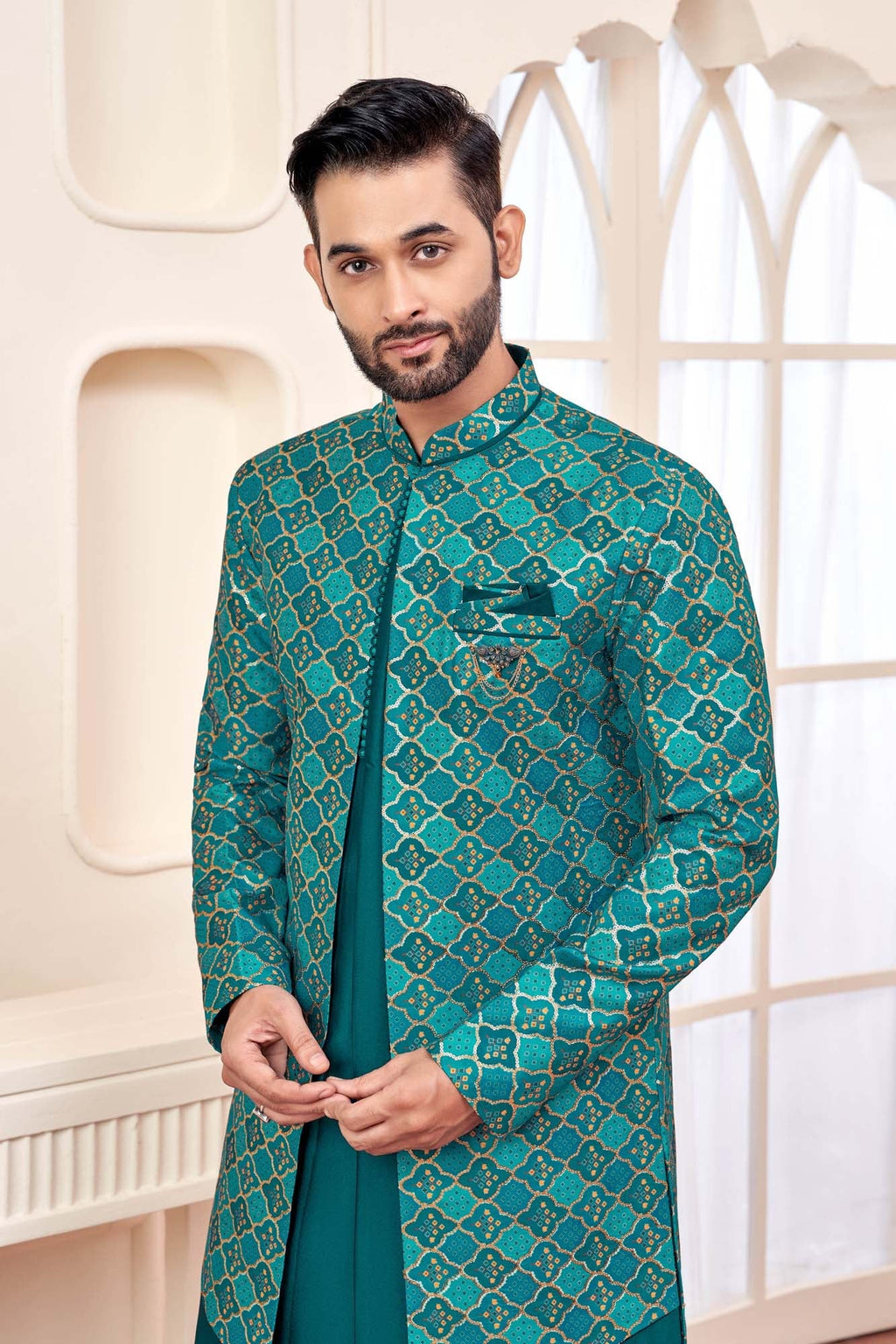 Emerald Green Indo-Western Outfit With Gold Embroidered Jacket