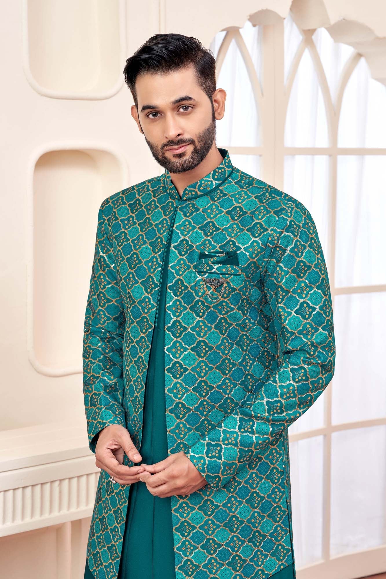 Emerald Green Indo-Western Outfit With Gold Embroidered Jacket