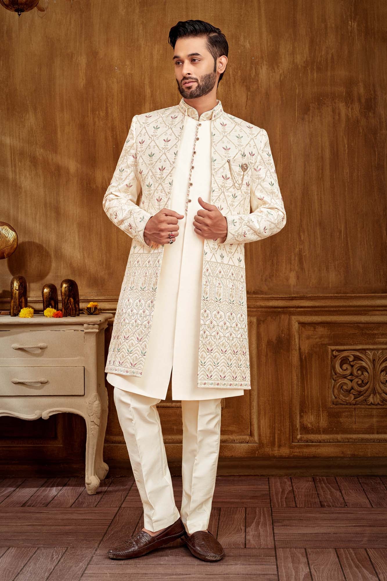 Purple & Green Embroidered Indo Western Kurta Set for Men