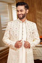 Purple & Green Embroidered Indo Western Kurta Set for Men