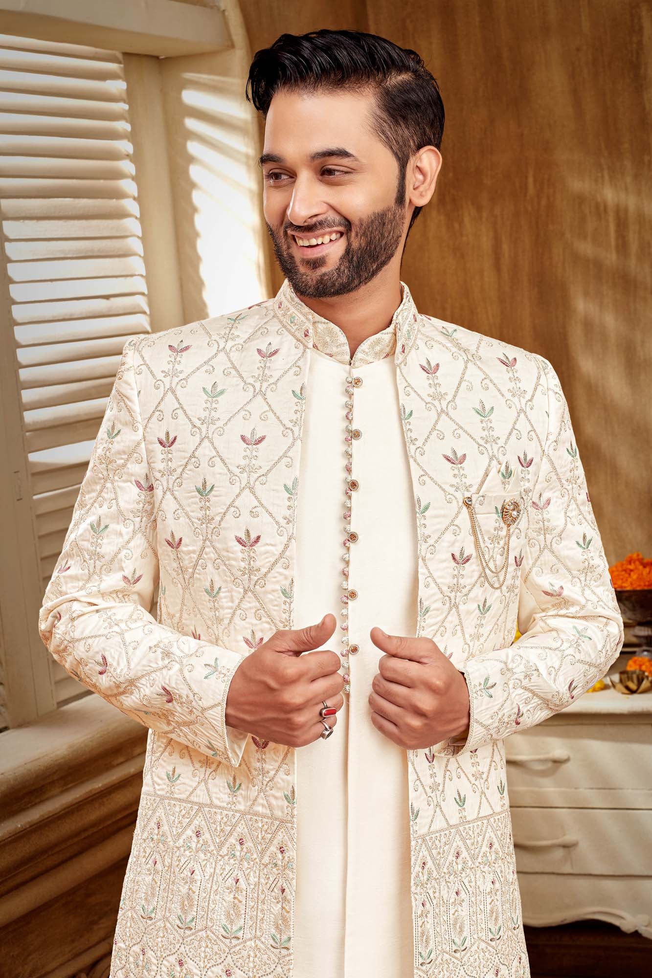 Purple & Green Embroidered Indo Western Kurta Set for Men