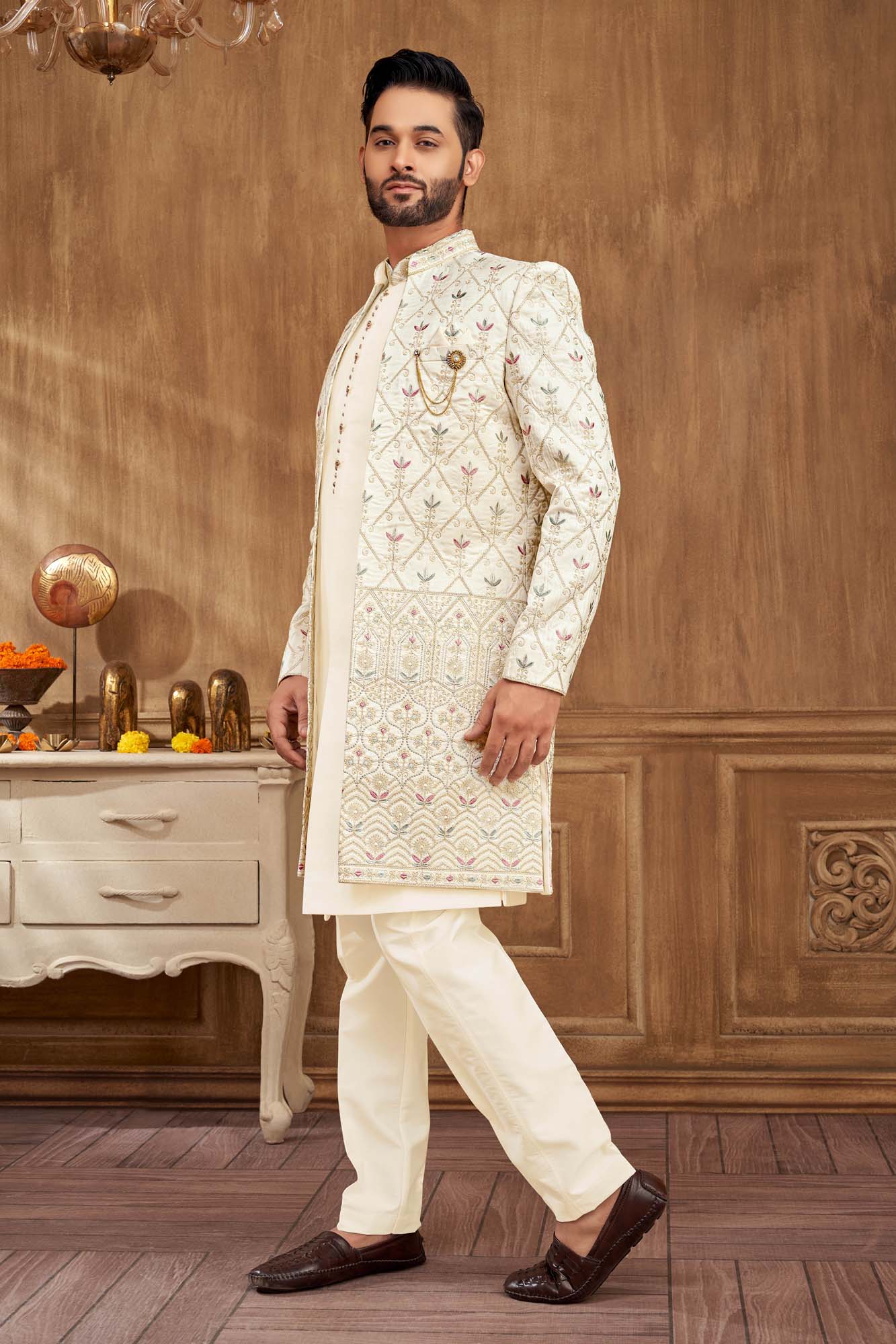 Purple & Green Embroidered Indo Western Kurta Set for Men