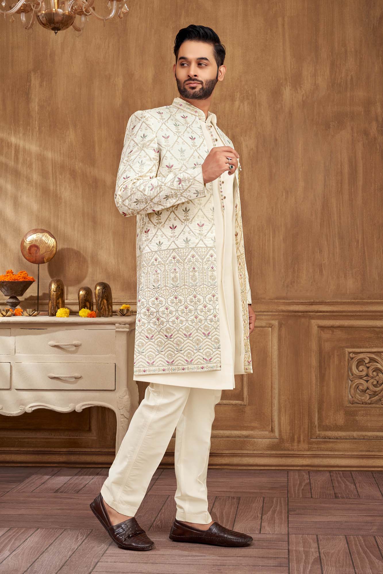 Purple & Green Embroidered Indo Western Kurta Set for Men