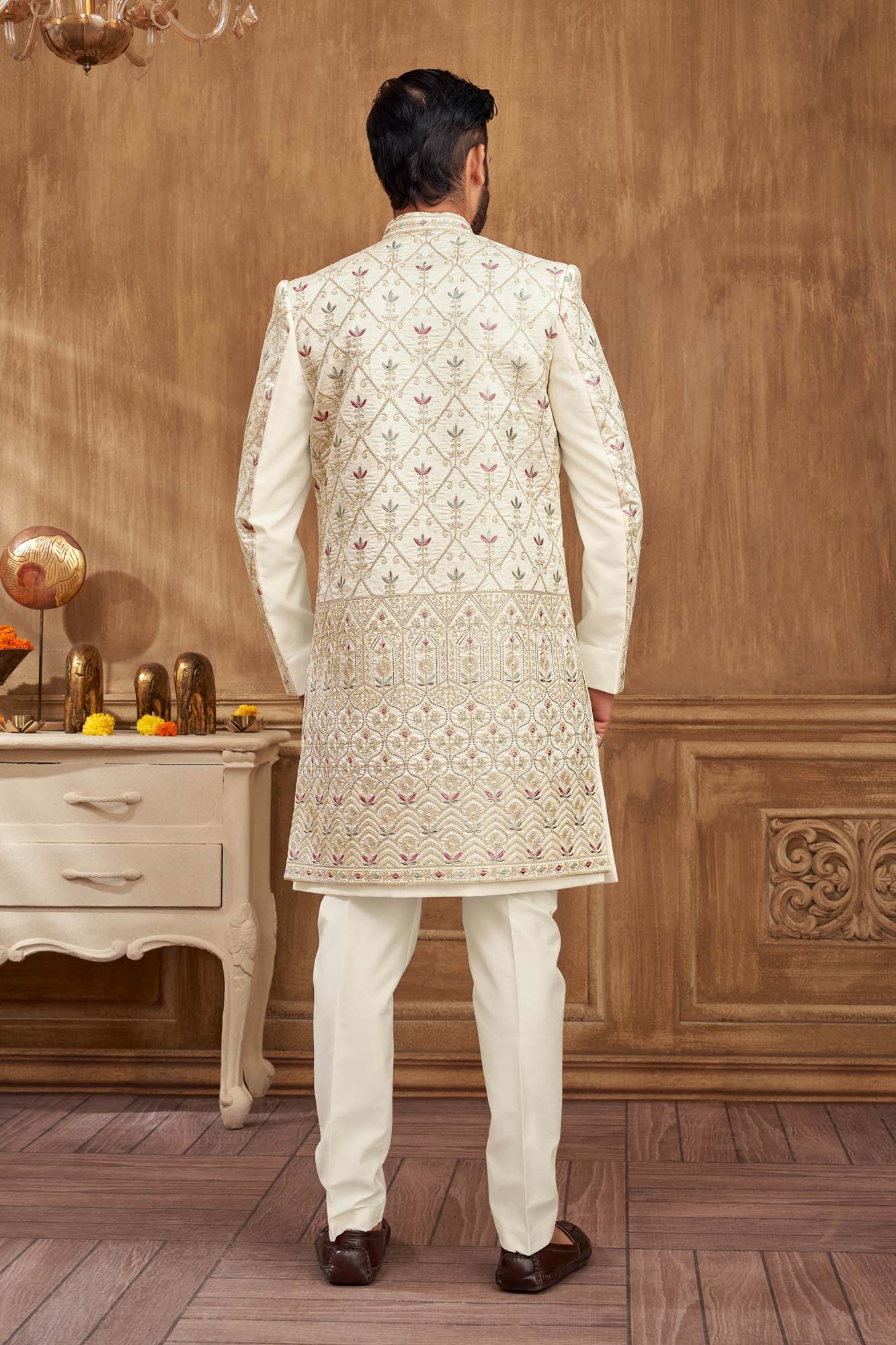 Purple & Green Embroidered Indo Western Kurta Set for Men