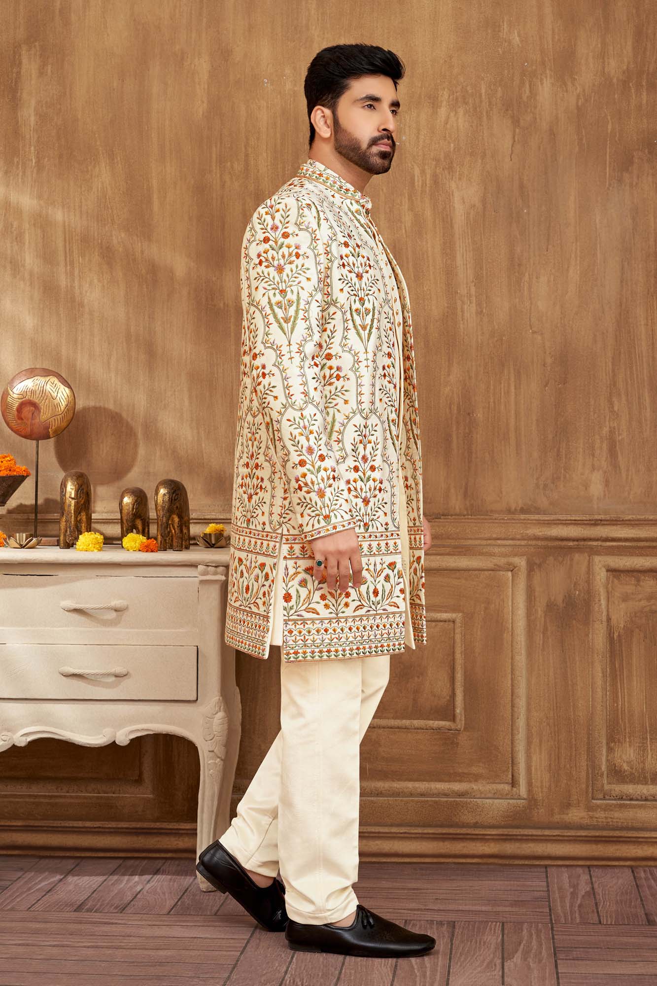 Ethnic Indo-Western Kurta Set For Men With Floral Embroidery