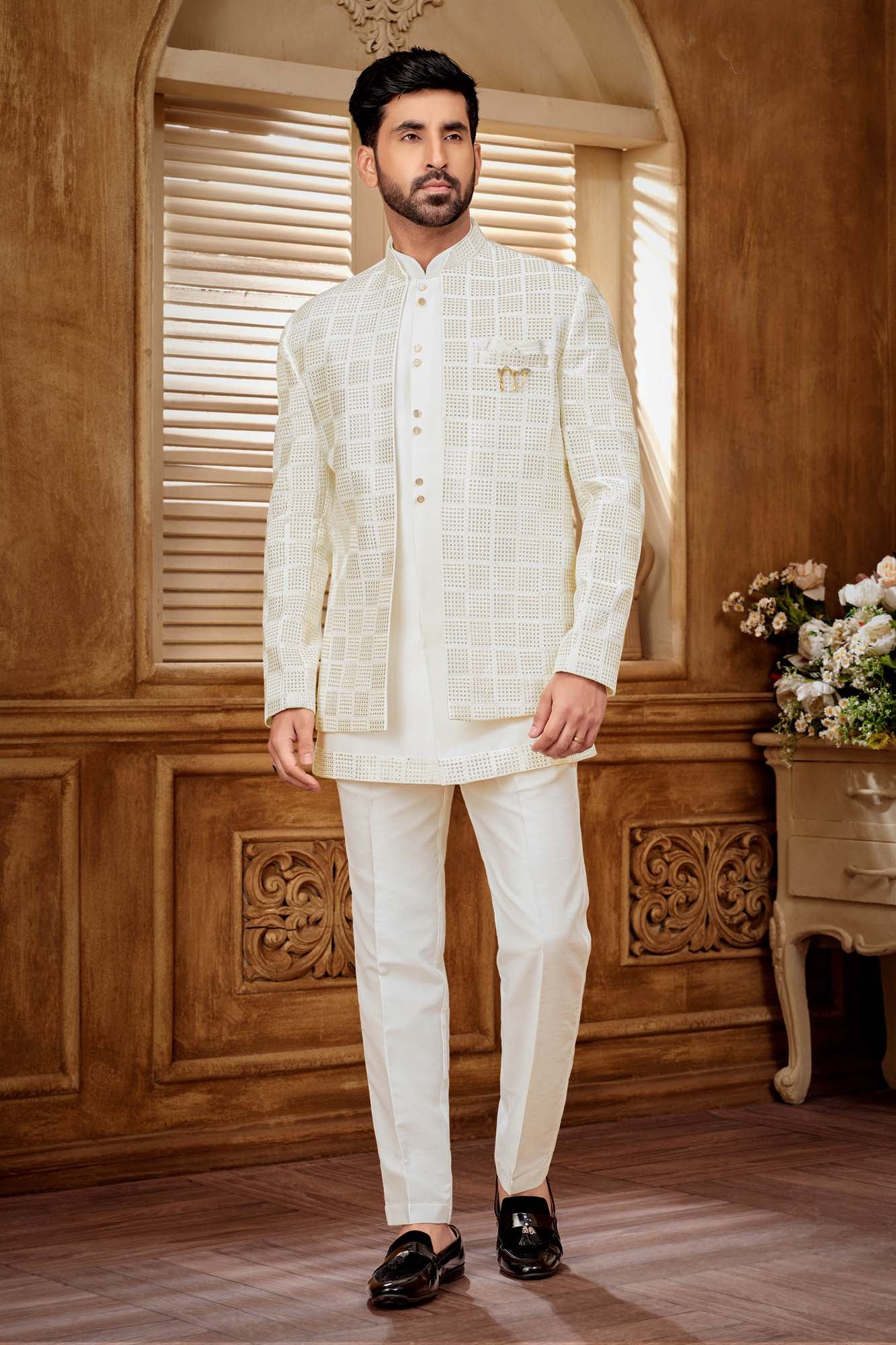 White Jodhpuri Set With Gold Embroidery