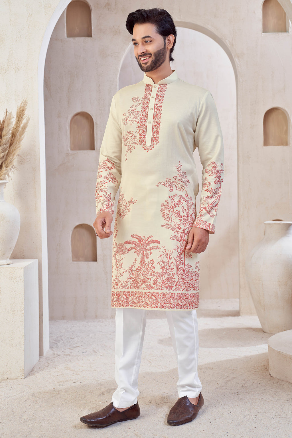 Cream Cherry Red Stylish Festive Kurta